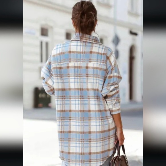 Sky Blue & Beige Long Plaid Shacket NWT - Picture 12 of 14
